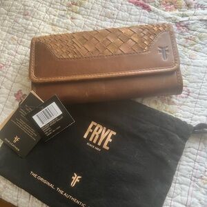 Frye Cognac Woven Leather Wallet Clutch New NWT includes storage bag